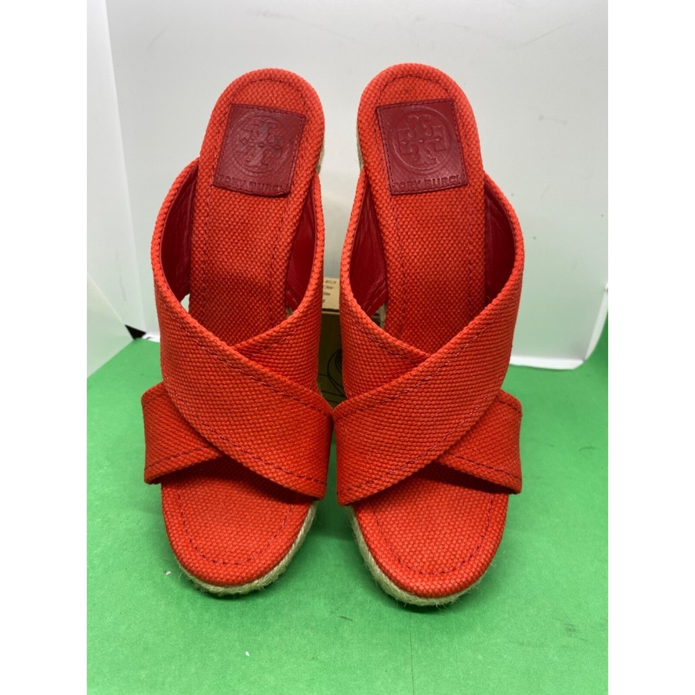Tory Burch Kristen Red Canvas Espadrille Wedges  Heels Size 8M